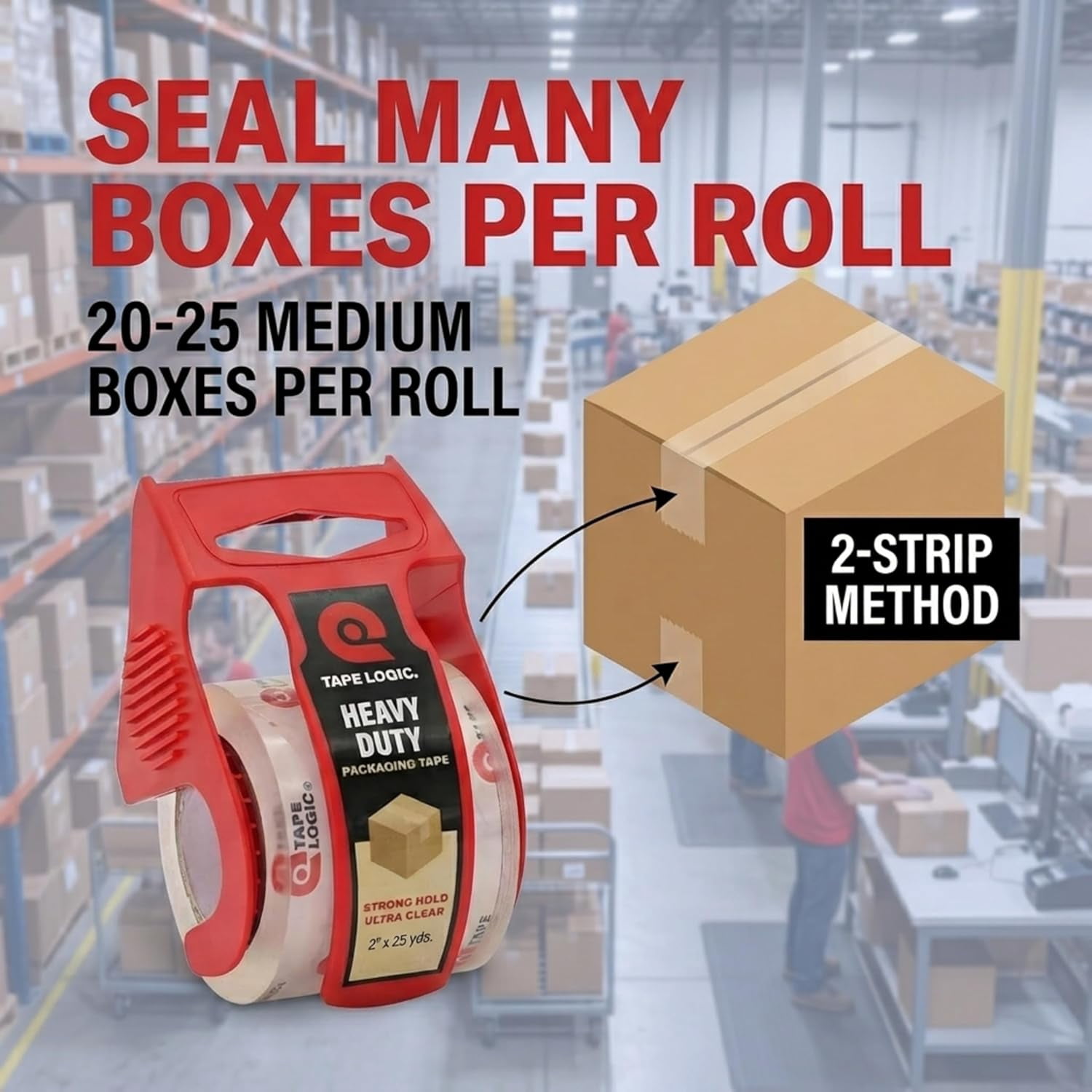 Heavy duty packing tape with dispenser (2 packs) - 2.6 mil thick transparent transportation tape, 2 inches 25 yards - for moving boxes, mailing and transportation packaging strong industrial adhesive