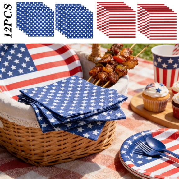 12pcs USA Flag Paper Napkins, Patriotic Disposable Cocktail Napkins with Stars and Stripes Red White Blue Party Supplies for 4th of July, Veterans Day Memorial Day Independence Day BBQs