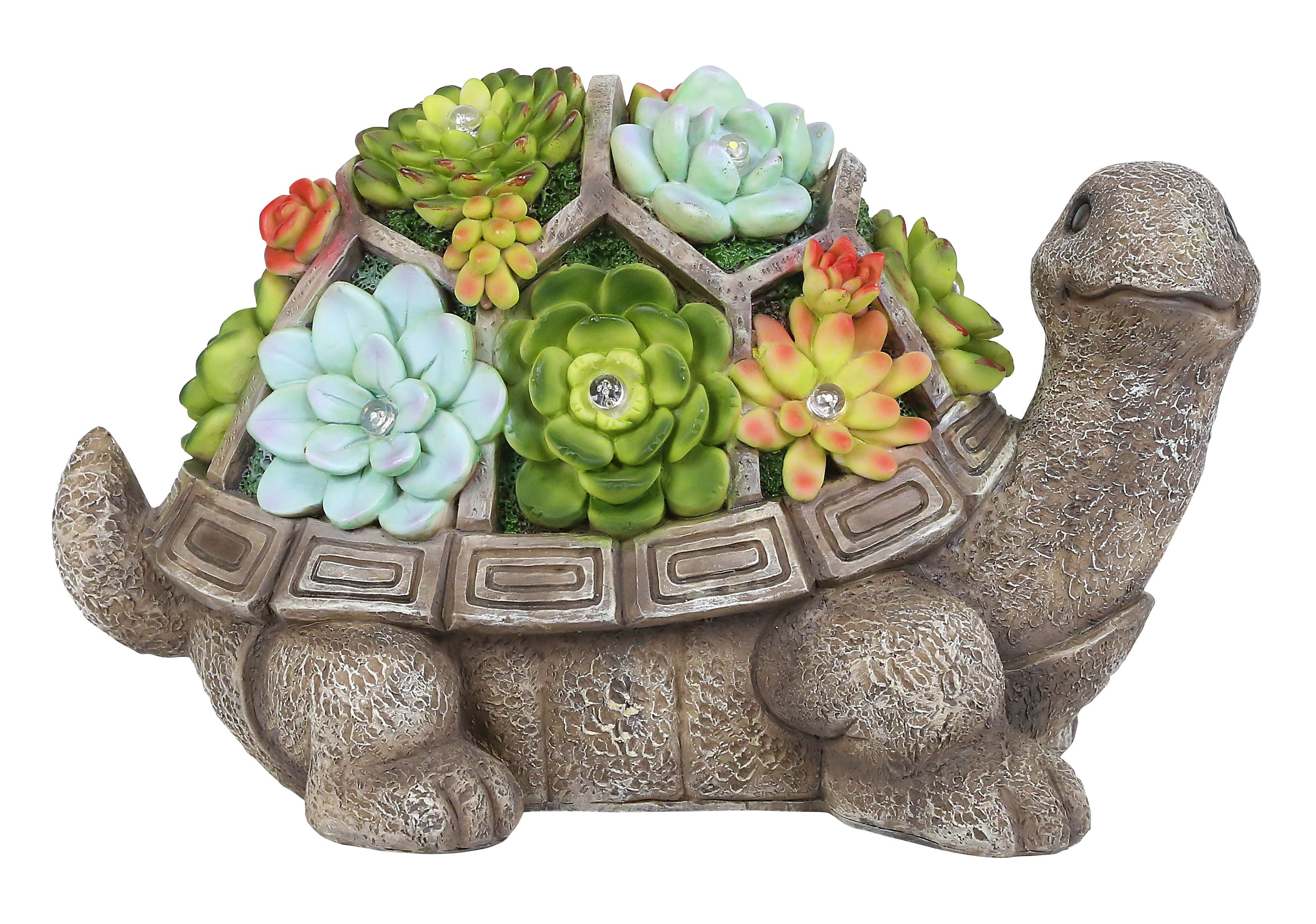 Alpine Solar Polyresin Turtle Statue w/ Floral Design & LED Lights, 7 Inch  Tall