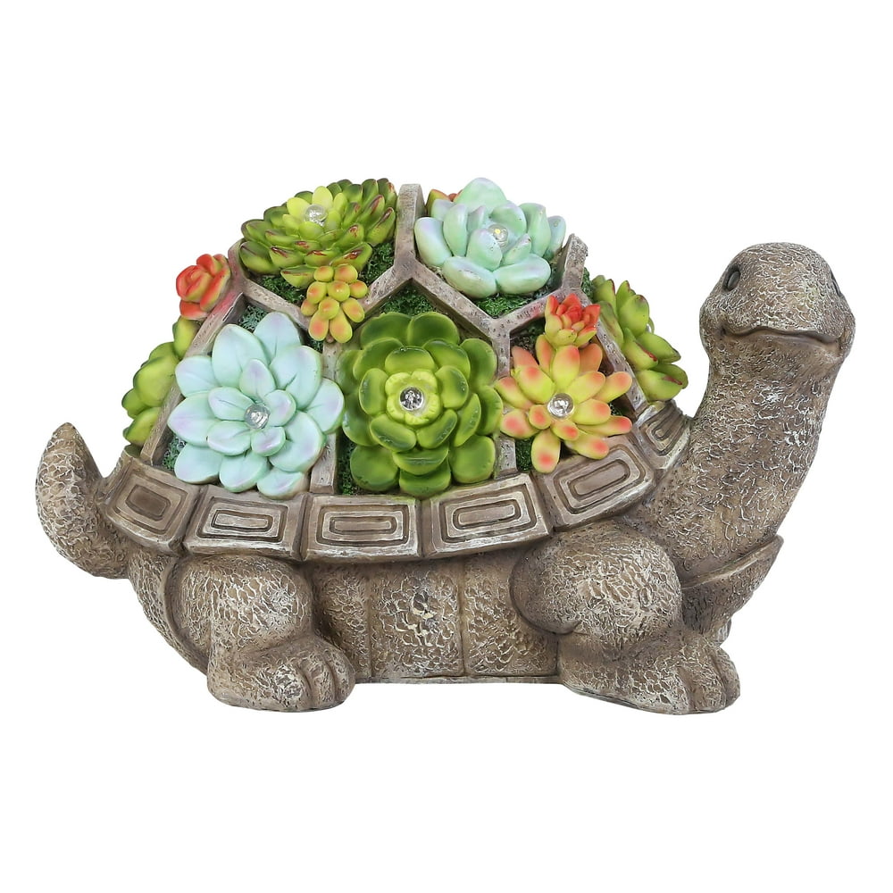 Alpine Solar Polyresin Turtle Statue w/ Floral Design & LED Lights, 7