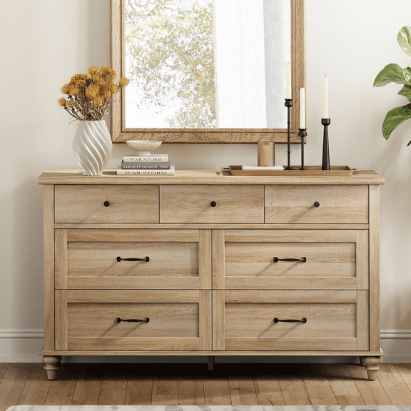 Oak 7 Drawer Dresser for Bedroom, Wooden Chest of Drawers for Living Room