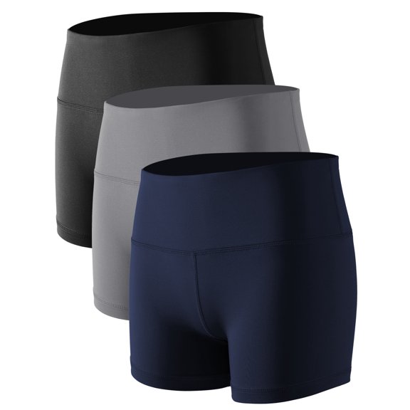 NELEUS Womens 3" Spandex Booty Shorts for Yoga Gym Cheer High Waist with Inner Waistband Pocket 3 Pack,Black Gray Navy Blue,US Size S