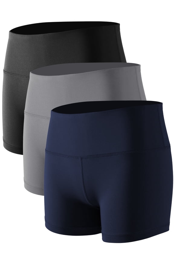 Womens 3" Spandex Booty Shorts for Yoga Gym Cheer High Waist with Inner Waistband Pocket 3 Pack,Black+Gray+Navy Blue,US Size S