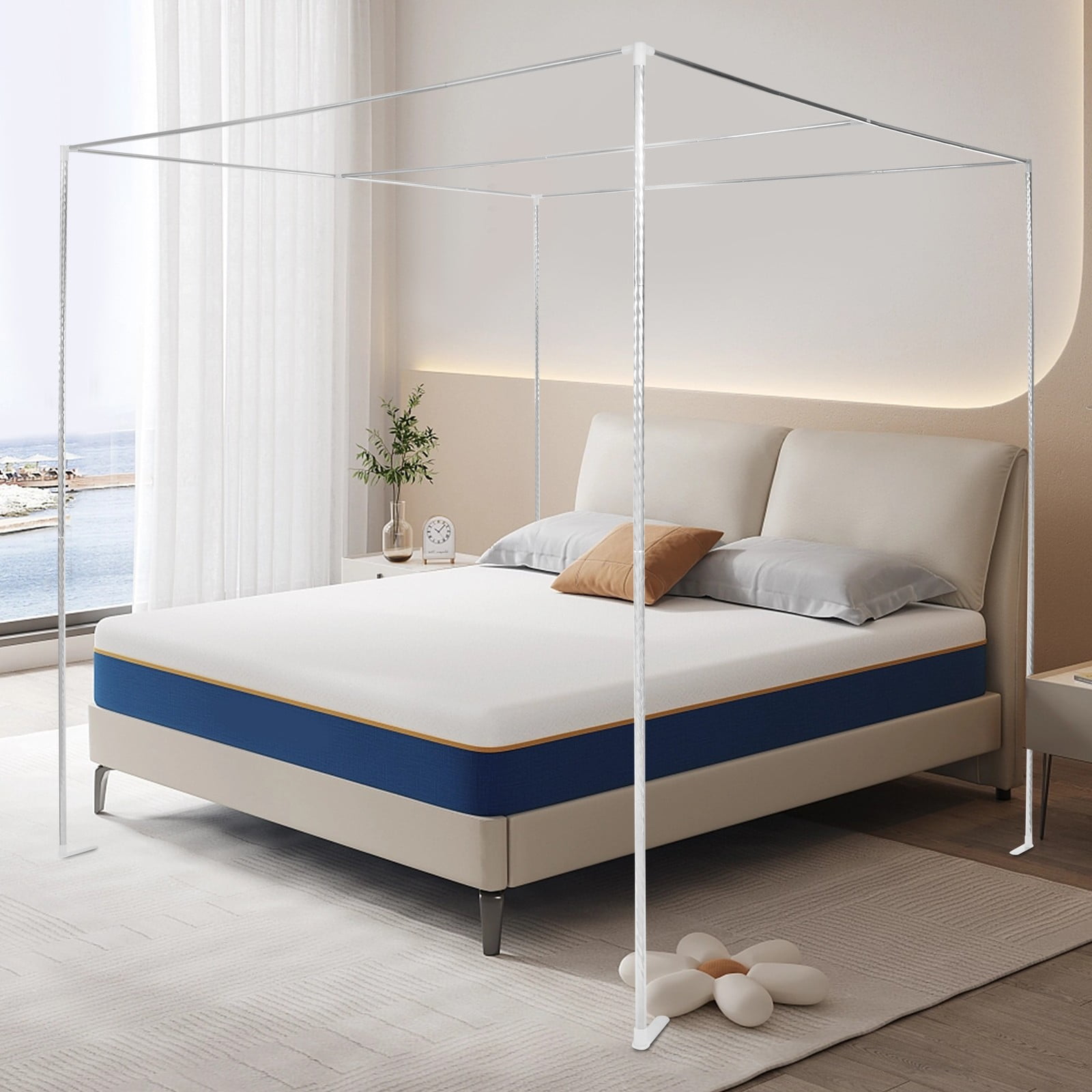 DUYIWAA King Size Metal Canopy Bed Frame 4 Corner Bedding Canopy Frame Post Stainless Steel Mosquito Net Bracket 2*2*2m