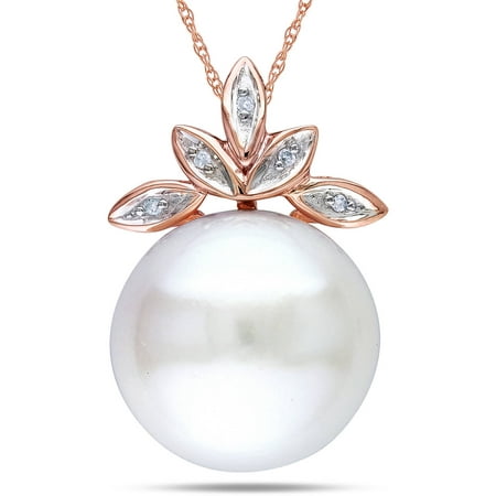 Miabella 11.5-12mm White Button Cultured Freshwater Pearl and Diamond-Accent 10kt Rose Gold Flower Pendant, 17
