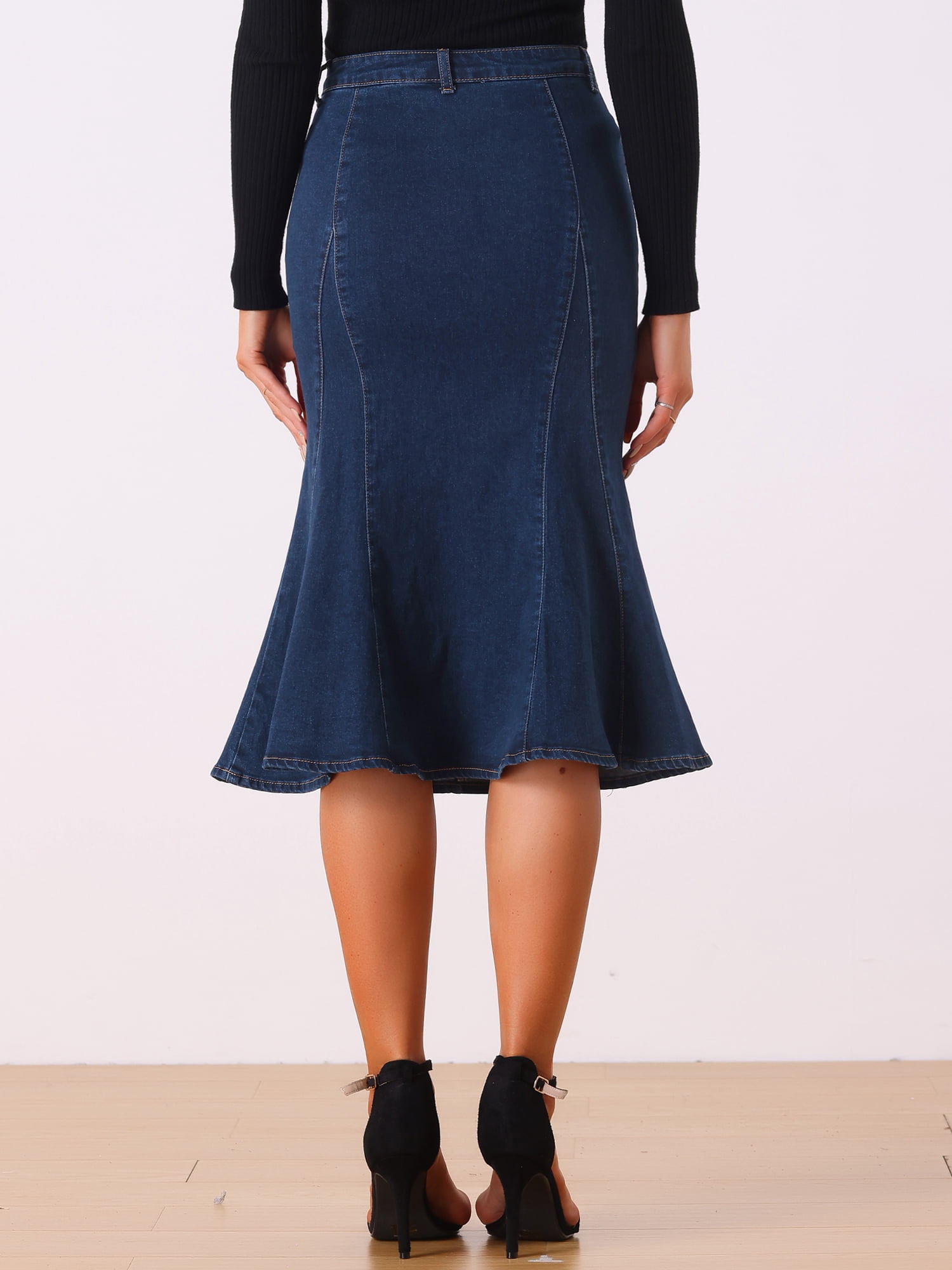 DARING DIVA Women's Denim High Waist Ruffle Fishtail Bodycon Midi Skirts S Deep Blue
