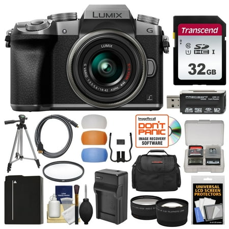 Lumix Sz10 Panasonic Lumix DMC-G7 4K Wi-Fi Digital Camera & 14-42mm Lens (Silver) with 32GB Card + Case + Battery & Charger + Tripod + Tele/Wide Lenses Kit ()