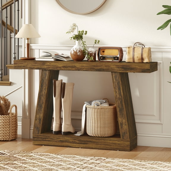 HOMCOM 55" Farmhouse Console Table, 2-Tier Entryway Table with Storage and Thickened Tabletop for Hallway, Living Room, Behind Couch, Rustic Brown