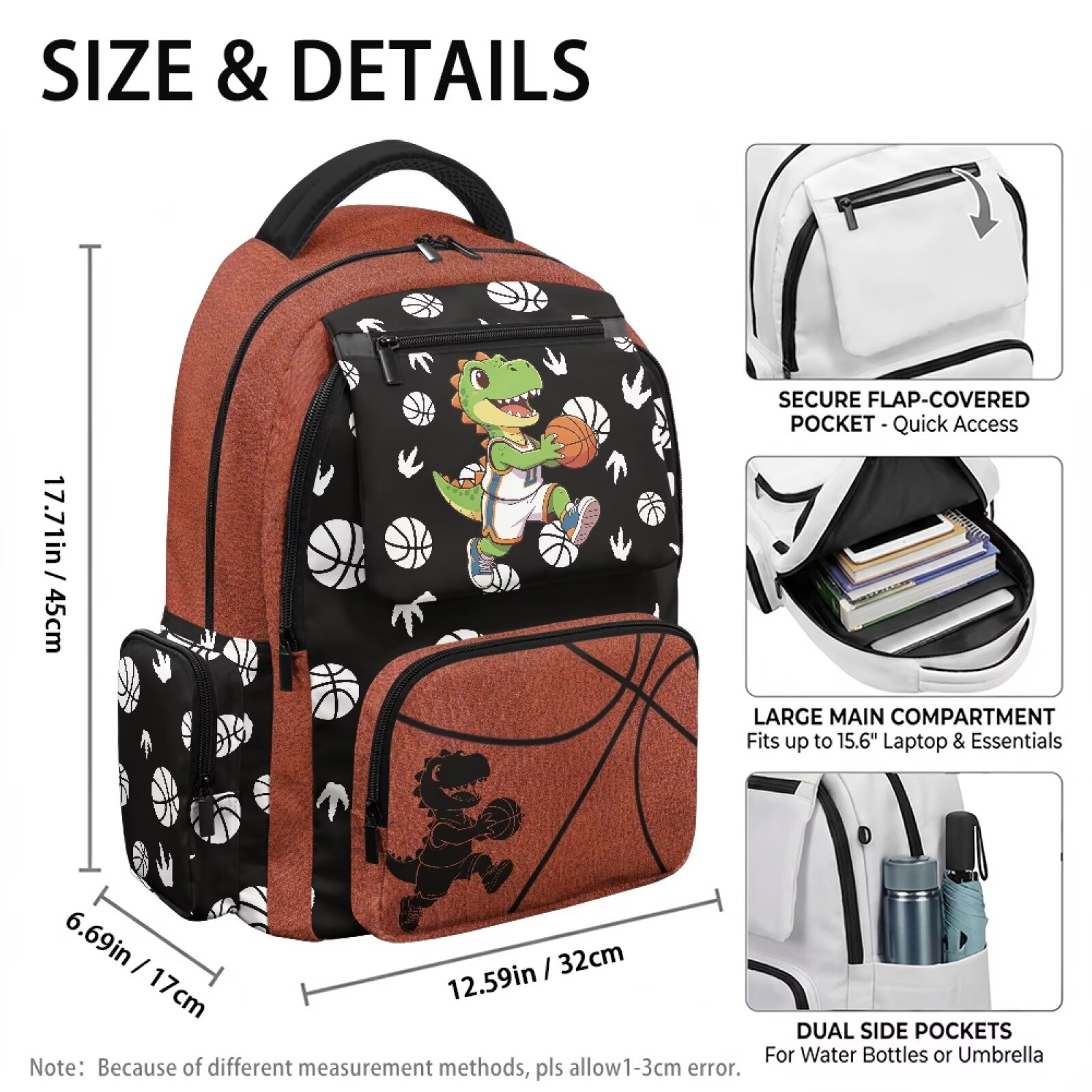 Mochila escolar para niños de 17 pulgadas, gran capacidad, resistente al agua, poliéster, ligera, con estampado de baloncesto y dinosaurio, para primaria, viajes y senderismo 6