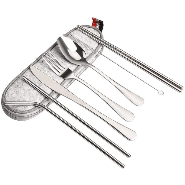 Juego de cubiertos, juego de cuchara y cuchillo de acero inoxidable con posavasos, juego de cubiertos para acampar para el almuerzo, camping, escuela, picnic, plata Sailing Electrónica