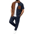 thumbnail image 3 of StSilkitty Men's 2 Piece Outfits Color Block Button down Short Sleeve Collared Shirts and Pants Sets Cotton Linen Casual Set, 3 of 7