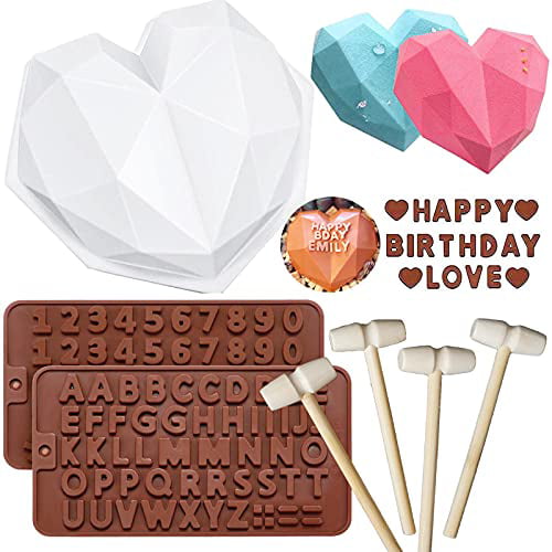 Silicone Moulds ， Chocolate Heart Mold ， Chocolate Letter and Number Mold with Wooden Hammers Silicone Scraper for Mousse Cake Dessert Biscuit DIY Baking Tools 