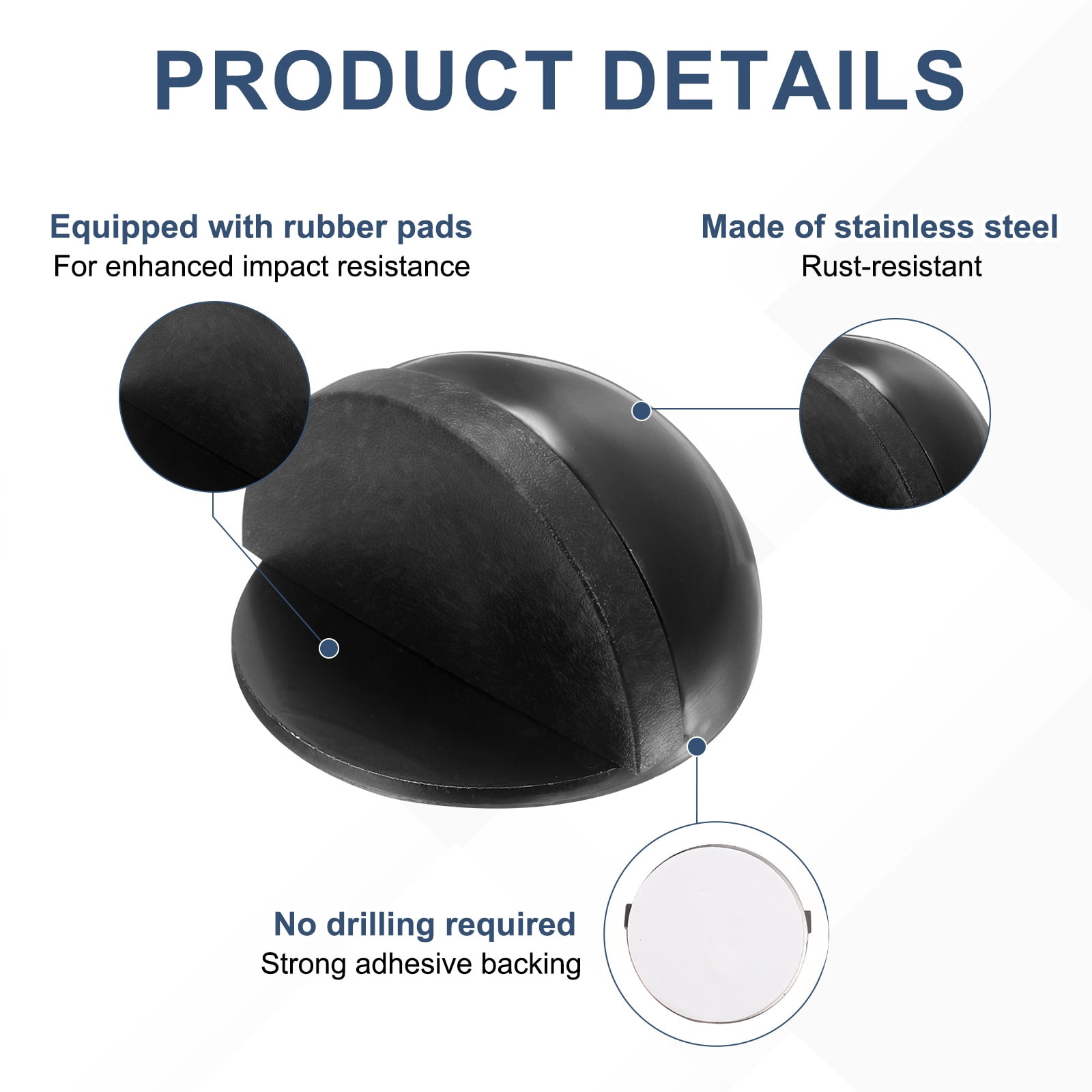 Uxcell 8 Pack Low Dome Floor Door Stop, 45mm Dia. Self Adhesive Door Stoppers, No Drilling Stainless Steel Half Dome Rubber Bumper Wall Protector for Bedroom Bathroom, Black
