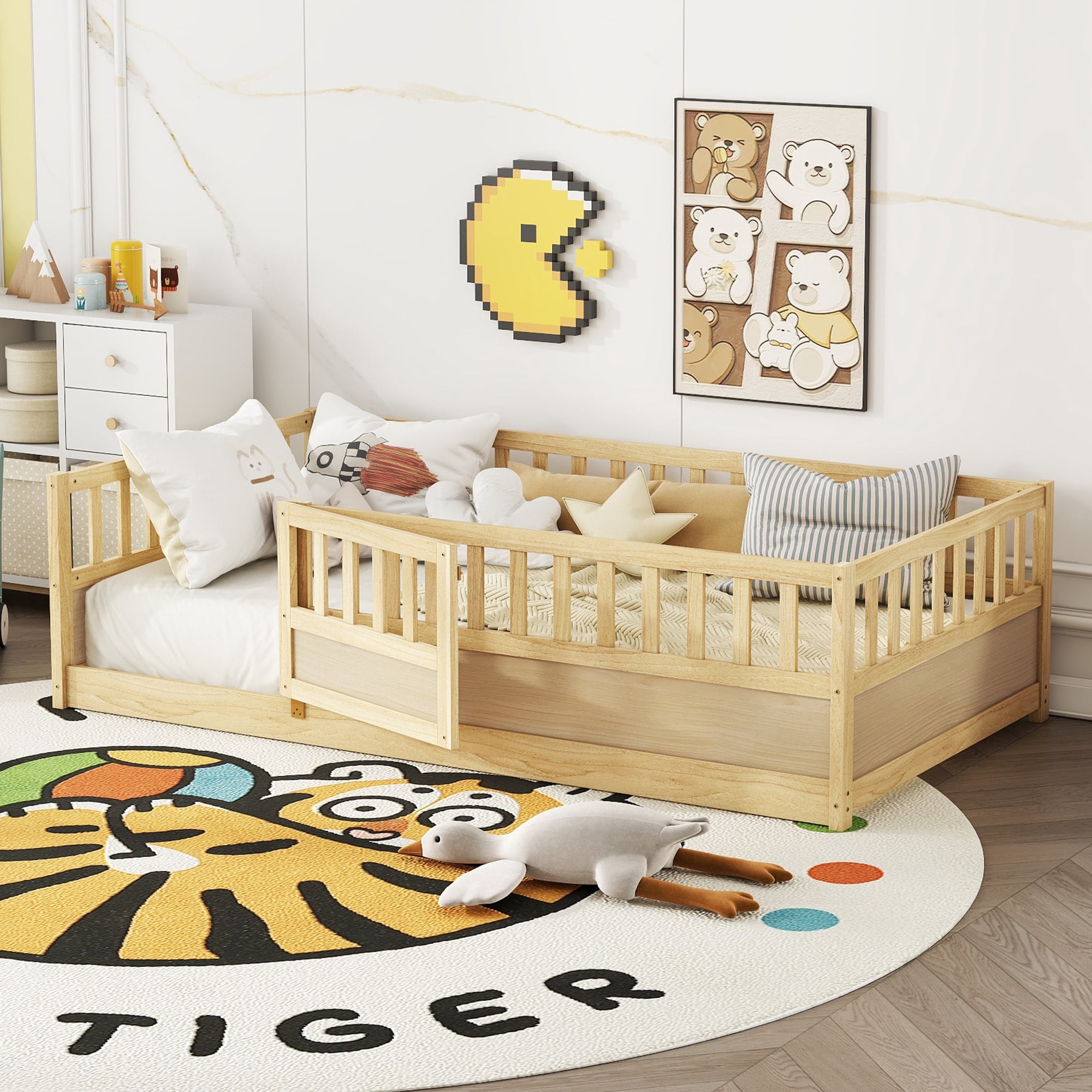 Solid Pine Twin Montessori Floor Bed with Ultra-High Integrated Safety Fence & Clockwise Opening Access Door, Patented Kids Platform Bed with Support Slats Single Package Easy Assembly