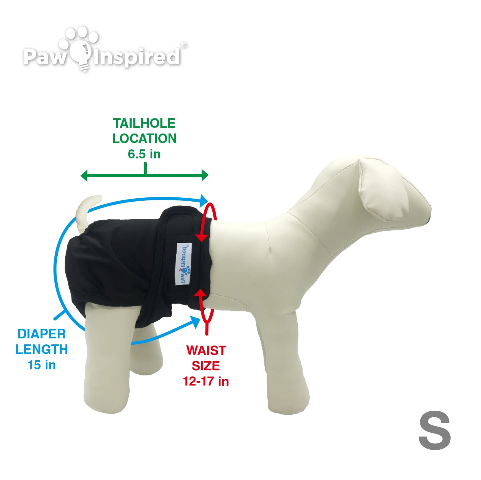 Paw Inspired 3ct Washable Female Dog Diapers, Doggie Doggy Diapers, Puppy Diapers for Female Dog Heat | Reusable Pet Diapers for Female Dogs, Cat Diapers (Black (Black Lining), Small)