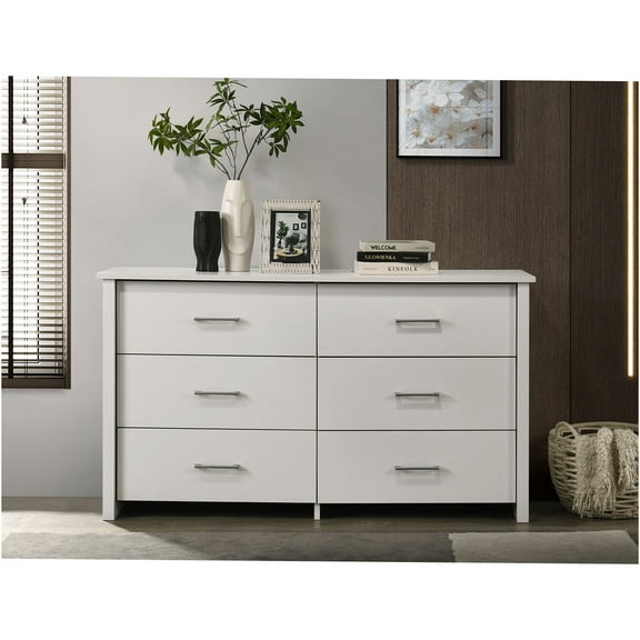 JERFIT Modern White 6-Drawer Dresser with Silver Handles, 57 Inch Wide Bedroom Storage Chest of Drawers