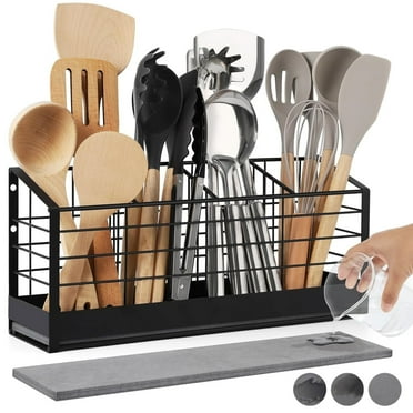 Behome Extra Large Kitchen Utensil Holder, 4 Compartments & Diatomaceous Earth Base, Wall Mounted Anti Rust Metal Holder for Kitchen Counter, Farmhouse Cooking Utensil Storage, Black