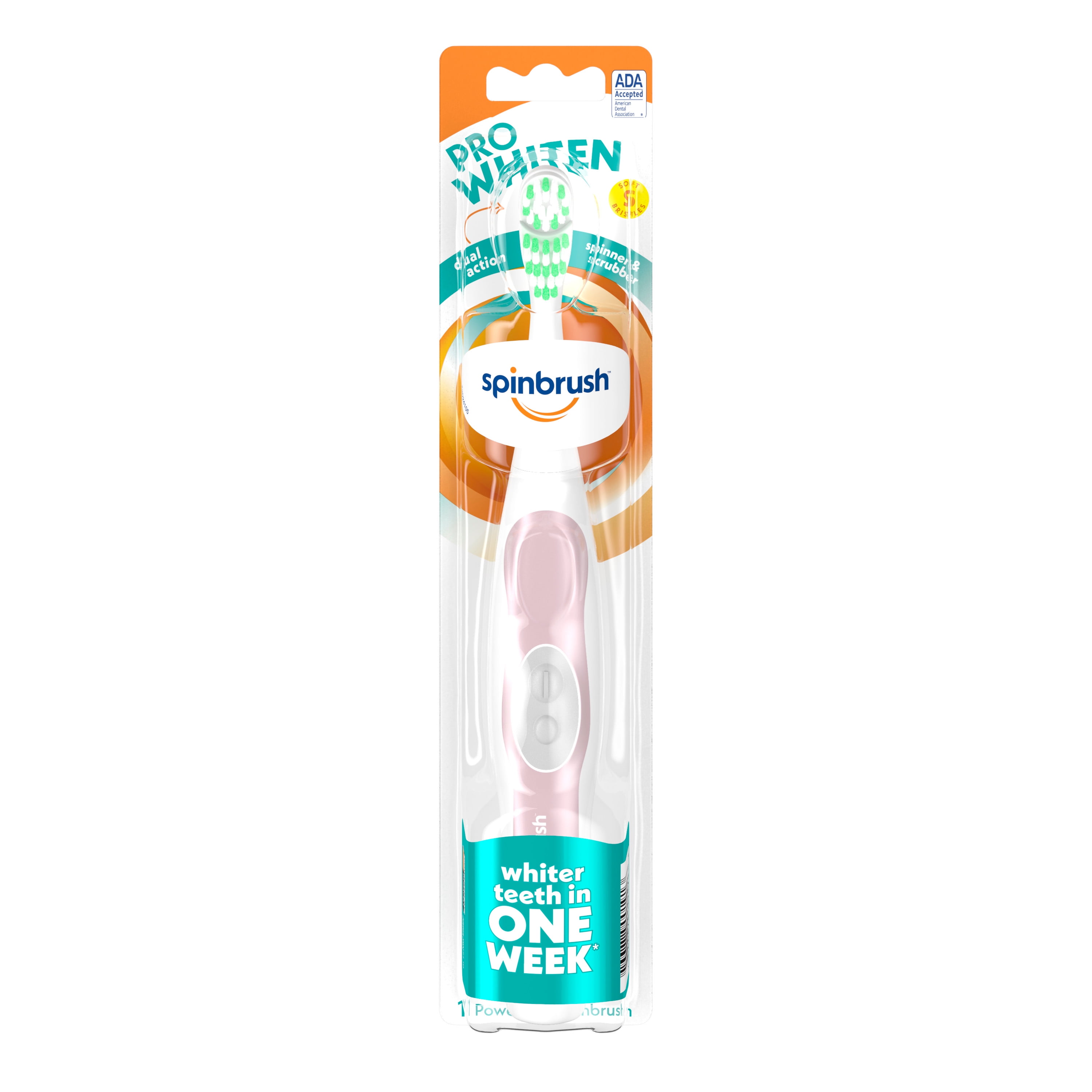 Spinbrush PRO WHITEN Battery Powered Toothbrush, Soft Bristles, 1 Count, Rose Gold or Silver Color May Vary