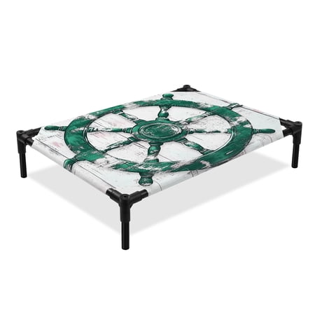 Nautical Green Rudder Elevated Dog Bed Vintage White Wooden Broad Summer Cooling Breathable Outdoor Raised Dog Cot Bed with Metal Frame Non-Slip Feet for Large Dog 28x22in