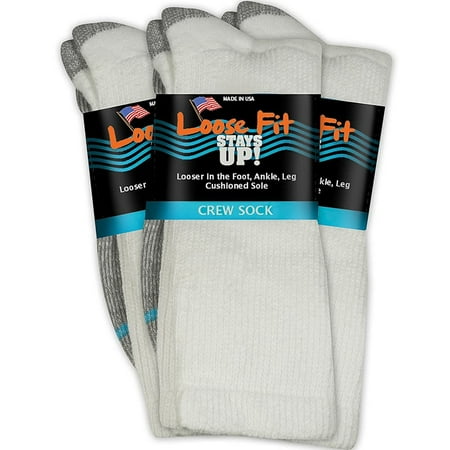 

Loose Fit Stays Up Men s and Women s Casual Crew Socks (Pack of 3) Made in USA! Cushioned Sole (Large White)