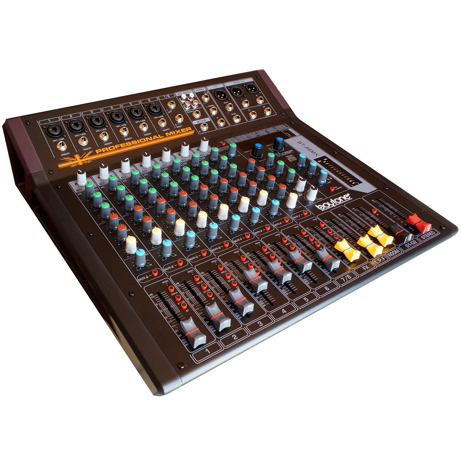 Boytone 8-Channel Bluetooth Studio Audio Mixer - DJ Sound Controller Interface with USB Port, AUX Jack, 4 XLR Microphone Jack, 48V Power, 16 DSP Effect, Input/output for Professional user