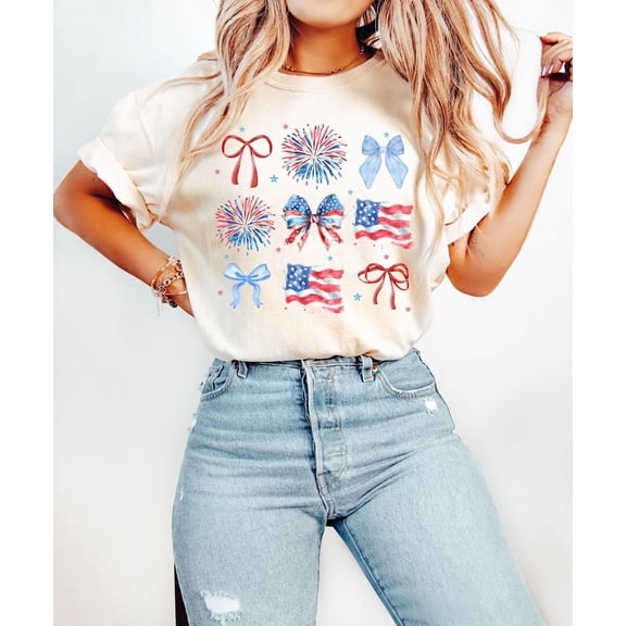 Coquette 4th of July Shirt, Patriotic Bow USA Tee, Cute American Flag T-Shirt, Red White and Blue Coquette Style Independence Day Top