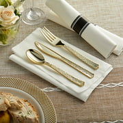 Gold Visions 18" x 15 1/2" Pre-Rolled Linen-Feel White Napkin and Hammersmith Heavy Weight Gold Plastic Cutlery Set - 100/Case