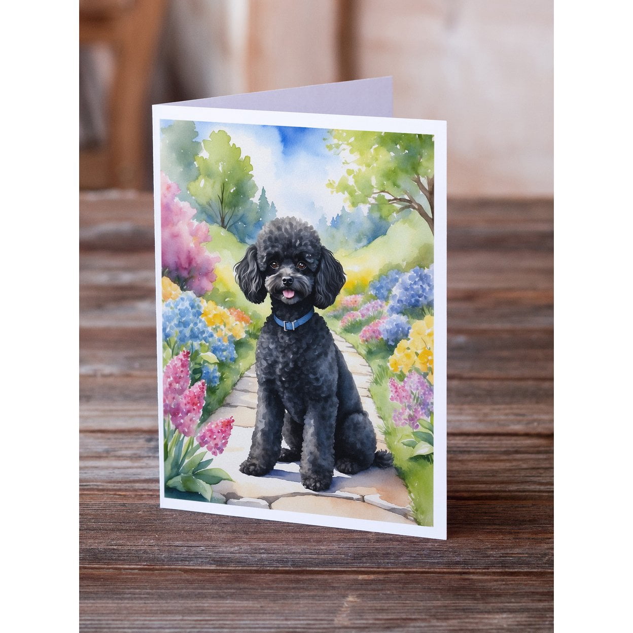 Black Poodle Spring Path Greeting Cards Pack of 8 7 in x 5 in