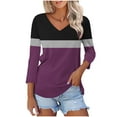 thumbnail image 5 of Timegard Tops for Women Trendy 3/4 Sleeve V Neck Color Block Drop Shoulder Casual Loose Comfy Blouse, 5 of 6
