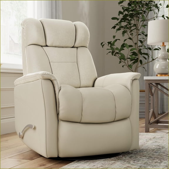 Recliners | Swivel Glider Recliner with Manual Adjustable Headrest & Footrest, Faux Leather Bentley Oyster | Cream Color | Wood Metal