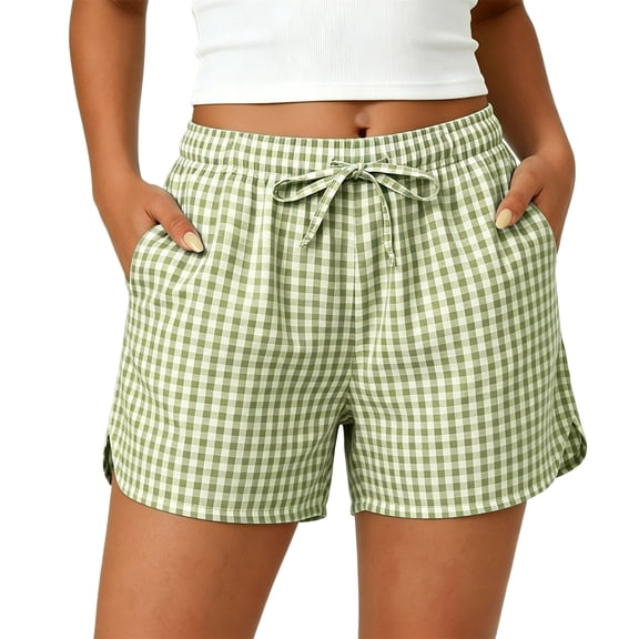 Karymi Women Clothing Gingham Plaid Cotton Linen Blend Drawstring Elastic High Waist Curved Side Split Hem Casual Beach Shorts with Side Pockets Biker Shorts Women