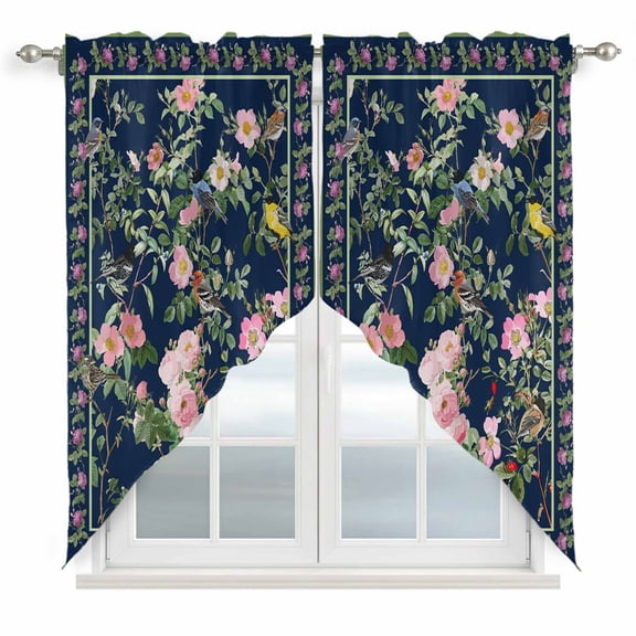 Swag Valance Curtains for Windows, Navy Blue Flowers Light Filtering Kitchen Curtains with Rod Pocket, Spring Floral Elegant Pastoral Botanical Window Treatment Valances, 36x63 - 2 PCS