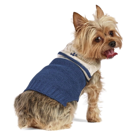 Vibrant Life Cable Knit Sweater for Dogs and Cats, Paw Print, Cream and Navy, XS