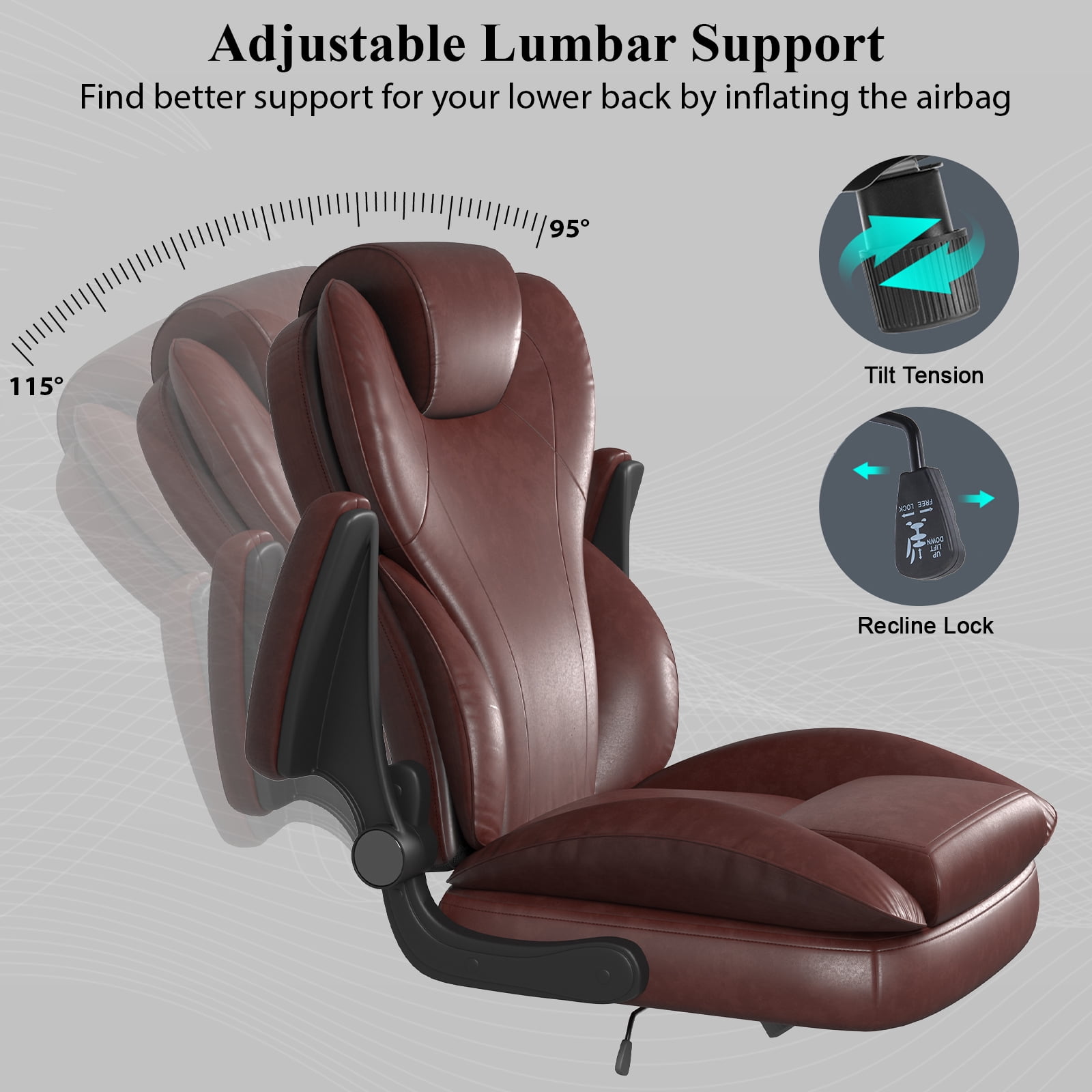 E-motie Home Office Chair with Flip-up Arms, Adjustable High Back Chair, Quiet Nylon Wheels, Brown