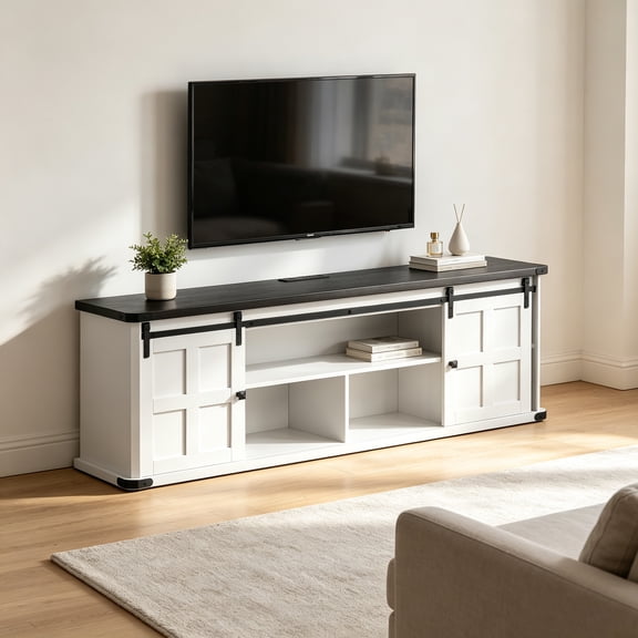 TV Stand for TVs up to 75 Inch, Long Wooden Media Console with Sliding Barn Doors Storage Cabinets Entertainment Center for Living Room Bedroom