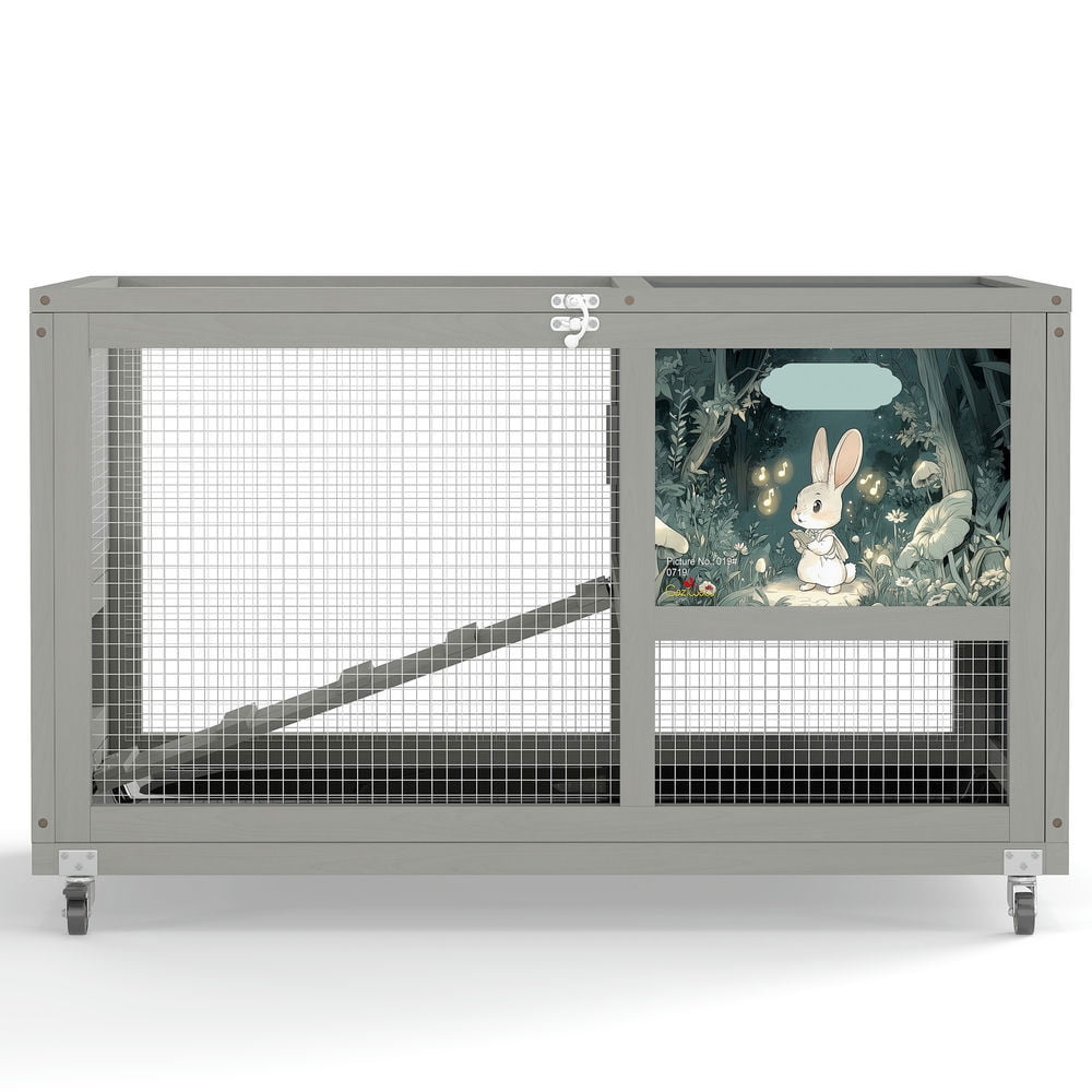 GVN Rabbit Coop, Rabbit House, Duck Rabbit Cage,2-Tier Bunny Hutch, Wood Rabbit Cage on Wheels with Openable Roof, Ramp, Easy-to-Clean Tray, Gray