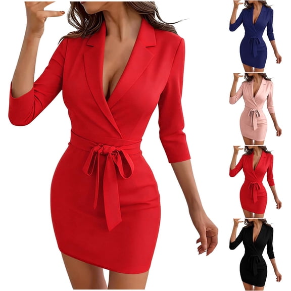 Omexry Dresses for Women Womenâsâ Fashion Casual V-Neck Pleated Long Sleeved Lrregular Long Style Solid Color Dress
