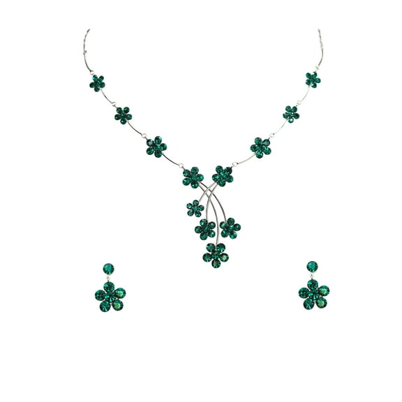 Faship Gorgeous Green Crystal Floral Necklace Earrings Set
