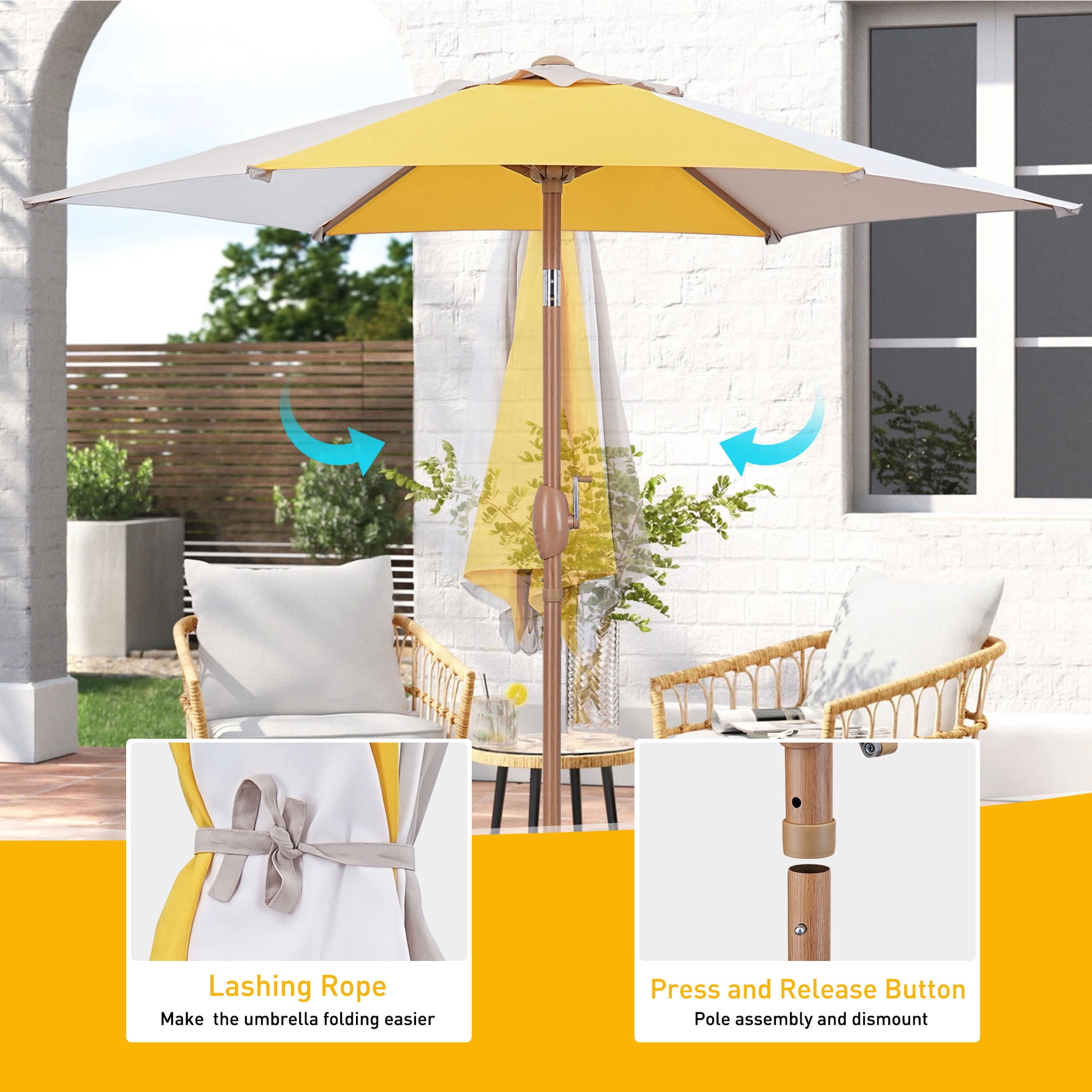 Autlaycil 7.5ft Yellow/Khaki/White Patio Umbrella with Button Tilt UV Protection for Beach, Pool, Garden, Yard