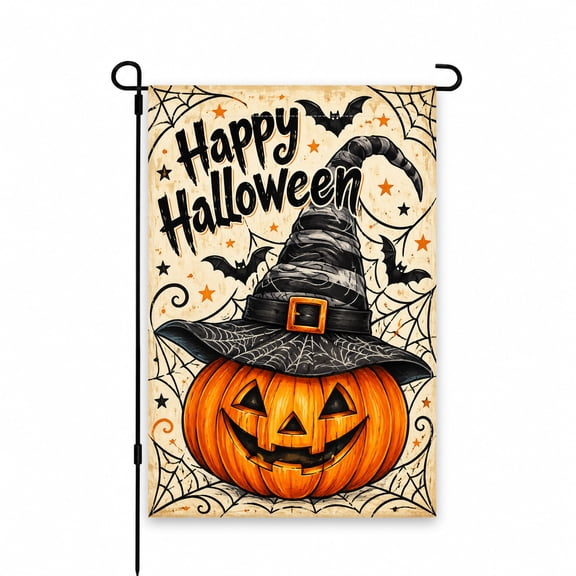 Halloween Garden Flag 12 x 18 Inch – Pumpkin with Witch Hat, Bats, Spiderwebs, Orange and Black Design – Decorative Outdoor Yard and Porch Décor