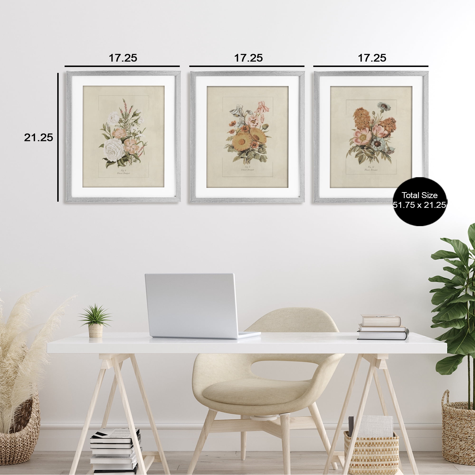 Stupell Industries Neutral Bouquet Studies 3 Piece Gray Framed Print Under Glass Set, design by Dan Meneely