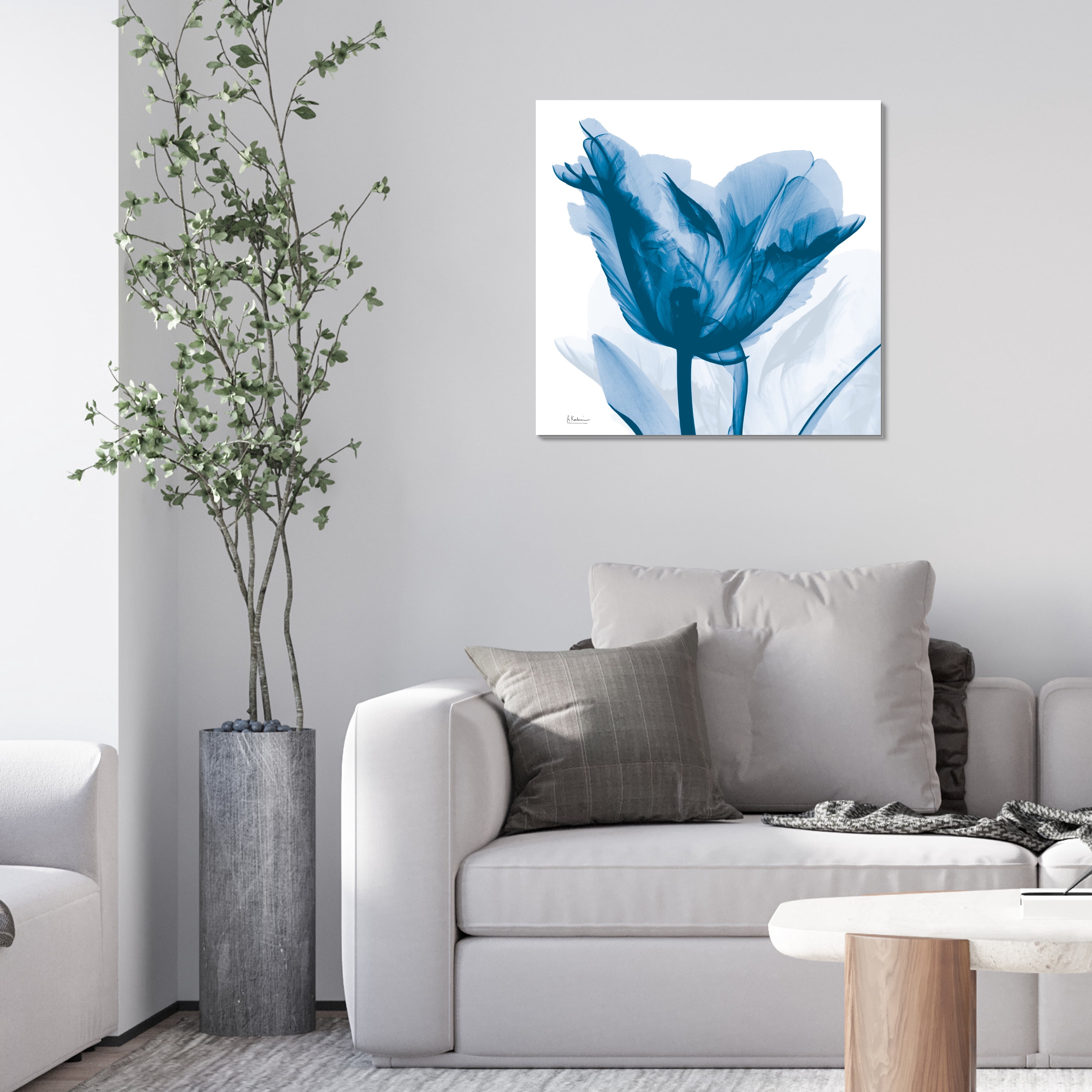 "Lusty Blue Tulip" Frameless Free Floating Reverse Printed Tempered Art Glass Wall Art, 24 in. x 24 in.