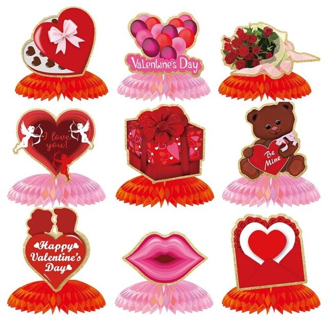 9 piezas Vintage Día de San Valentín Corazón de papel 3D Centro de mesa Letreros Adornos de mesa de San Valentín para aniversario de boda