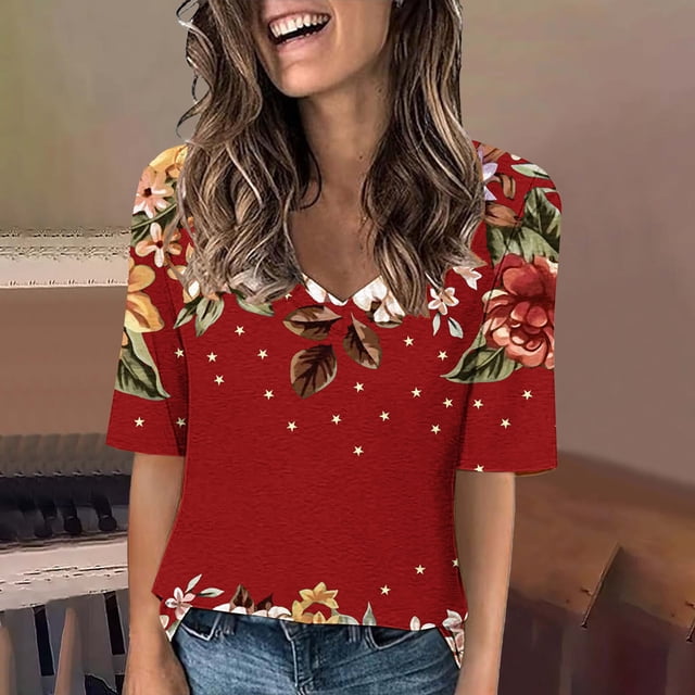 Blouses pour Femmes, Mode Décontractée Imprimée à Manches Courtes Col en V T-Shirt Yop