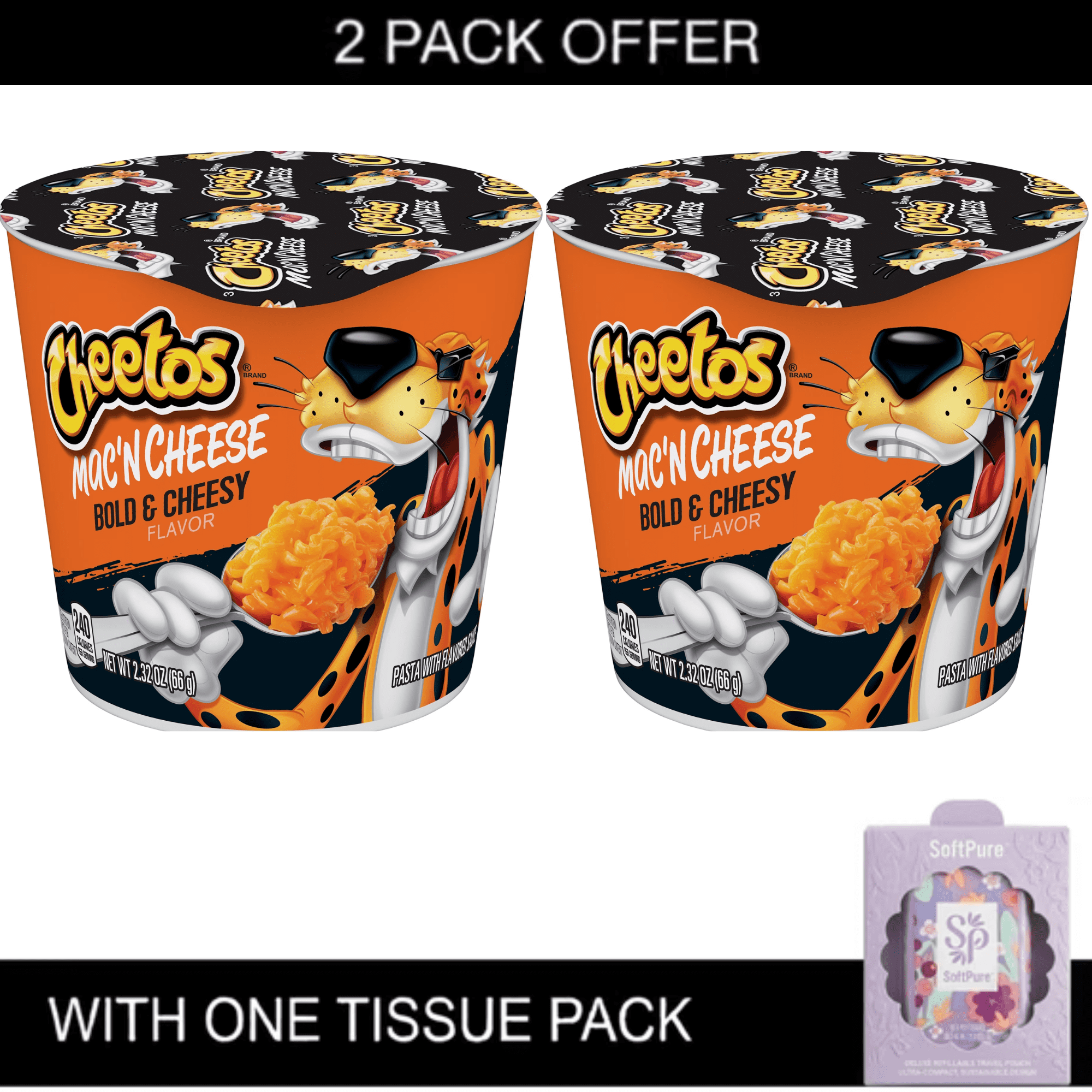 2x | Cheetos Mac 'N Cheese, Bold & Cheesy Flavor, Mac and Cheese, Macaroni and Cheese, 2.32 oz Shelf-Stable Cups with Tissue Pack