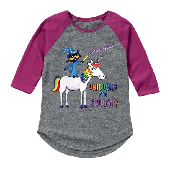 Pete The Cat - Unicorns Are Groovy - Youth Girl Shirt Tail Raglan