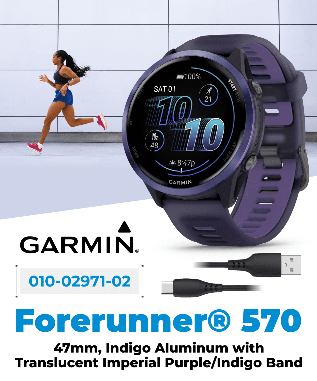Garmin Forerunner 570 47mm Advanced GPS Running & Triathlon Smartwatch AMOLED Display Training & Recovery, Indigo Aluminum w/ Translucent Imperial Purple/Indigo Band w/ Wearable4U BLK EarBuds Bundle