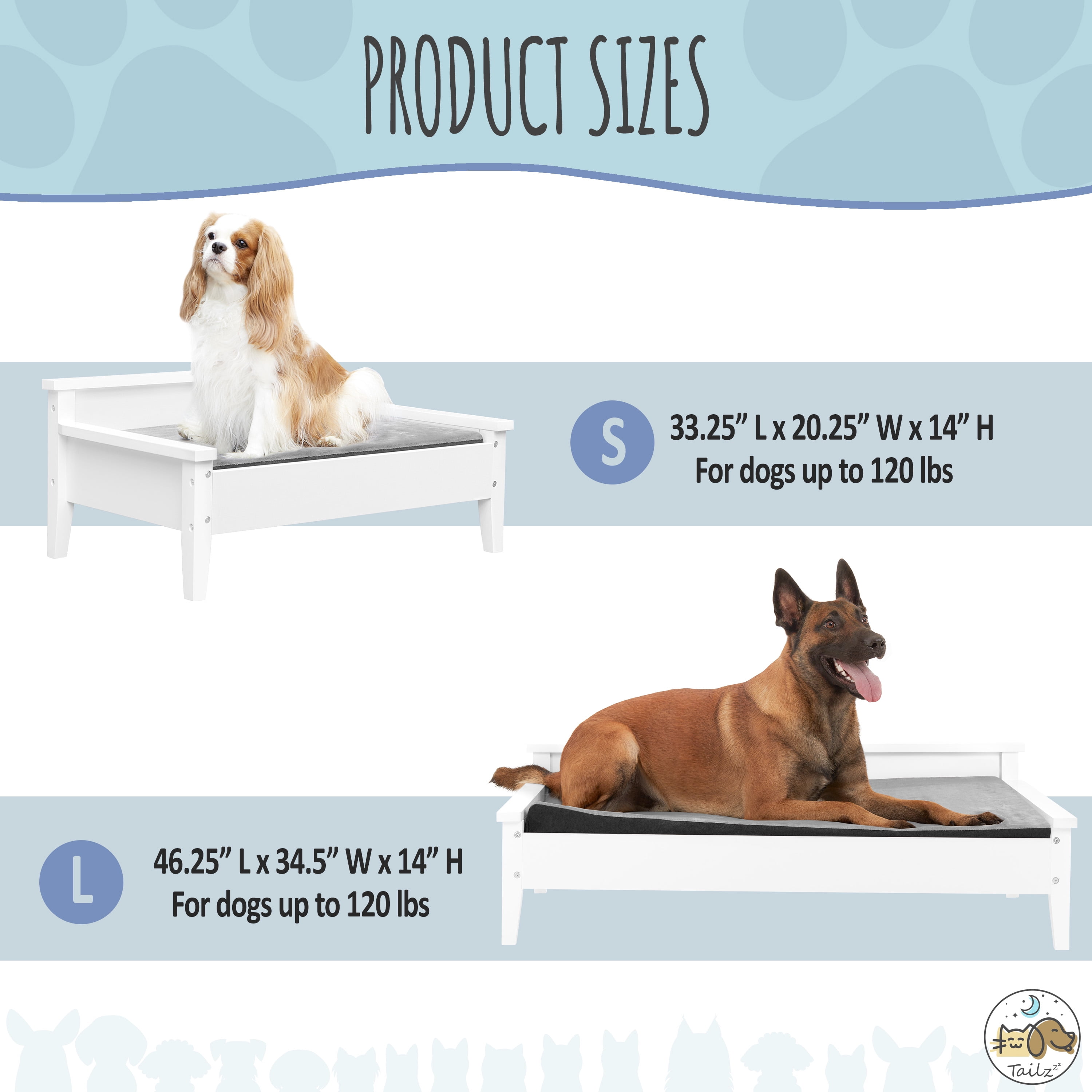 TailZzz Winston Large Elevated Wooden Pet Bed with Mattress, White