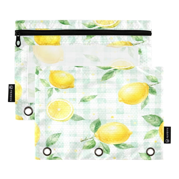 2 Pack 3 Ring Binder Pouch with Clear PVC Window Water Resistant Zipper Pencil Pouch Watercolor Lemon Check Pattern Binder Pocket for Classroom Office Home Stationery Organization