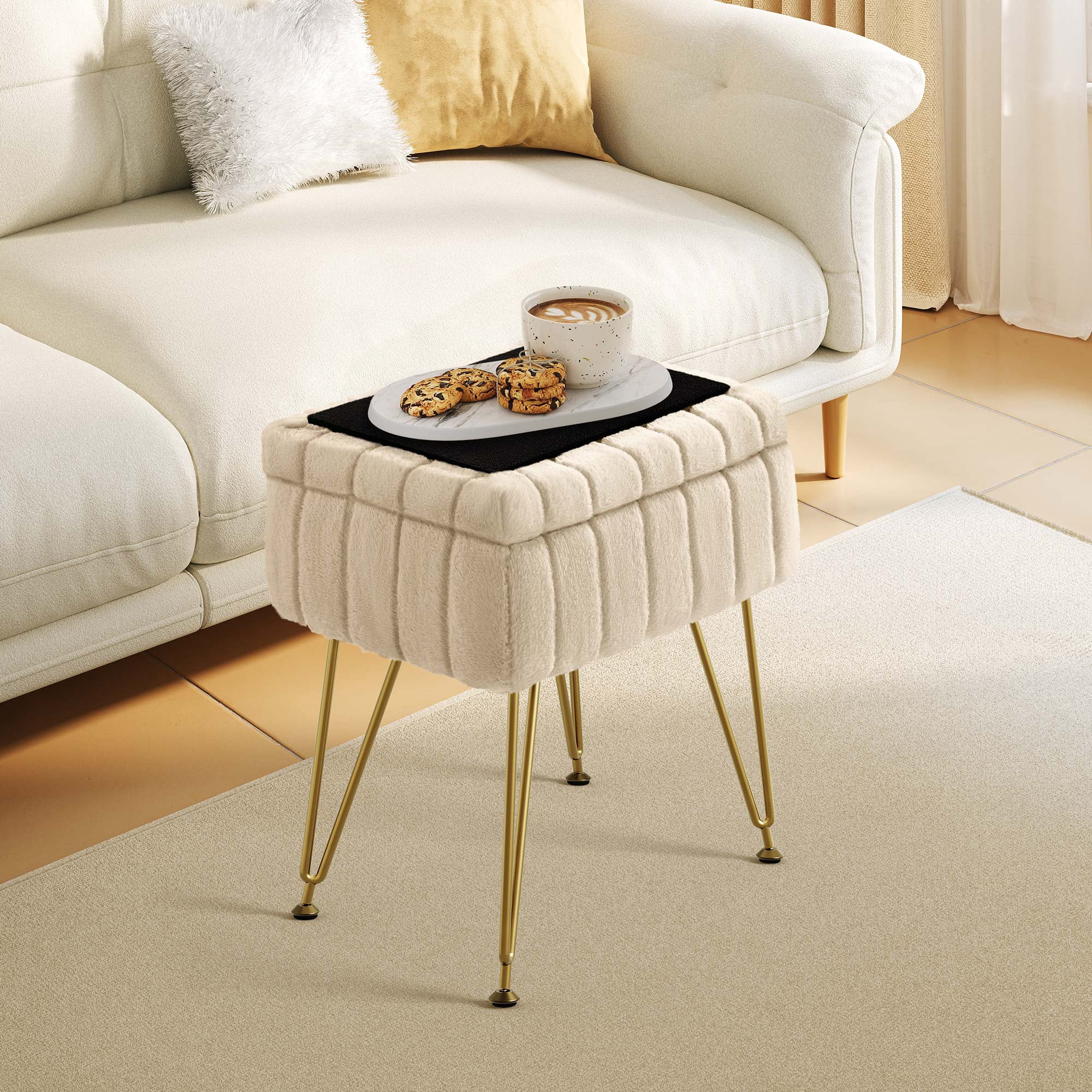 Greenstell Footstools Ottoman Bench with Storage, 15.5”L x 11.6”W x 19.2”H Vanity Faux Fur Padded Stool with Coffee Table Padded Seat and Adjustable Feet for Makeup Bedroom Entryway, Camel